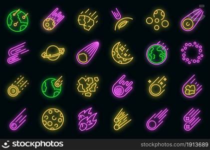 Asteroid icons set. Outline set of asteroid vector icons neon color on black. Asteroid icons set vector neon