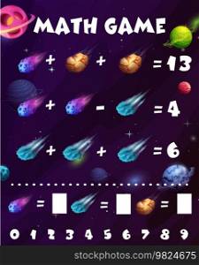 Asteroids, comets and meteors math game worksheet. Vector mathematics riddle with cartoon starry galaxy and space. Educational maze teaser, puzzle for counting and kids numeracy skills development. Asteroids, comets and meteors math game worksheet
