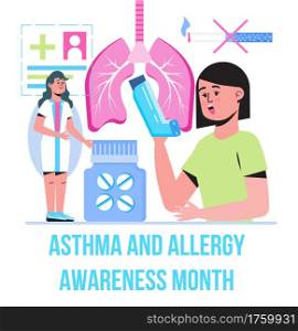 Asthma and allergy awareness month concept vector. Medical event is observed in May. Asthmatic syndrome for health care banner, flyer. Patient, doctor, disease icons are shown.. Asthma and allergy awareness month concept vector. Medical event is observed in May. Asthmatic syndrome for health care banner, flyer. Patient, doctor, disease icons