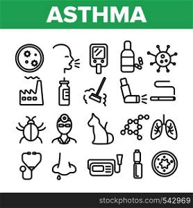 Asthma Illness Vector Thin Line Icons Set. Asthma Medical Condition Symptoms Contour Symbols. Asthmatic Disease Reasons, Treatment. Viruses Affecting Lungs, Respiratory System Outline Illustrations. Asthma Illness Vector Thin Line Icons Set