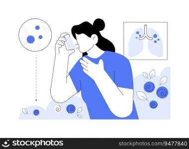 Asthma medications abstract concept vector illustration. Woman using inhaler spray during asthma attack, inhaled corticosteroids, drug pulmonary disease medications abstract metaphor.. Asthma medications abstract concept vector illustration.