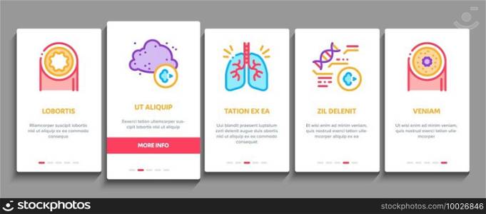 Asthma Sick Allergen Onboarding Mobile App Page Screen Vector. Asthma Allergy On Animal And Smoke, Flowers, Factory Smog And Dust, Medical Tool And Lungs Illustrations. Asthma Sick Allergen Onboarding Elements Icons Set Vector