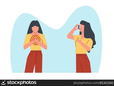 Asthma symptom relief, allergic girl uses asthma inhaler. Chronic sickness, respiratory system disease, medical equipment. Allergy asthmatic person. Cartoon flat style illustration. Vector concept. Asthma symptom relief, allergic girl uses asthma inhaler. Chronic sickness, respiratory system disease, medical equipment. Allergy asthmatic person. Cartoon flat style vector concept