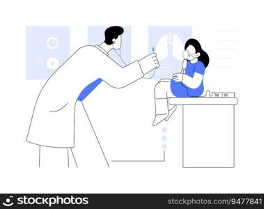 Asthma treatment abstract concept vector illustration. Doctor treats a child with asthma, medicine sector, kids pulmonary disease treatment, inhalation system usage abstract metaphor.. Asthma treatment abstract concept vector illustration.