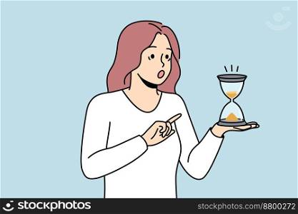 Astonished woman look at hourglass surprised with time passing. Amazed girl hold sand clock in hands feel frustrated with deadline. Vector illustration. . Shocked woman look at hourglass 