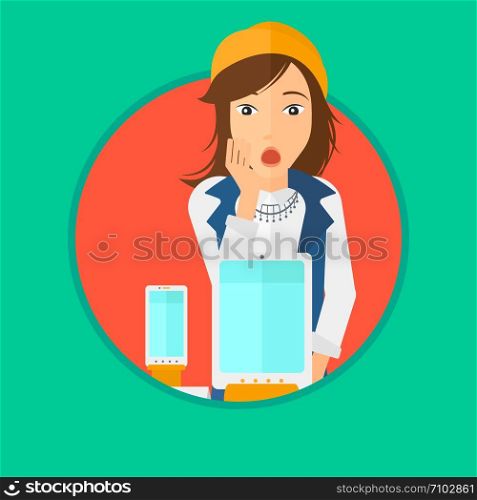 Astonished woman looking at digital tablet and smartphone through shop window. Woman with open mouth looking at tablet and phone. Vector flat design illustration in the circle isolated on background.. Woman looking at digital tablet and smartphone.