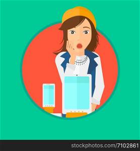 Astonished woman looking at digital tablet and smartphone through shop window. Woman with open mouth looking at tablet and phone. Vector flat design illustration in the circle isolated on background.. Woman looking at digital tablet and smartphone.