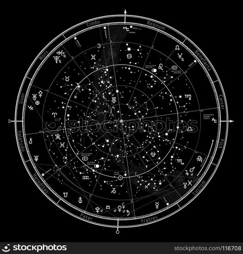 Astrological Celestial map of Northern Hemisphere. Horoscope on January 1, 2018 (00:00 GMT). Detailed outline chart with symbols and signs of Zodiac, planets, asteroids & etc.