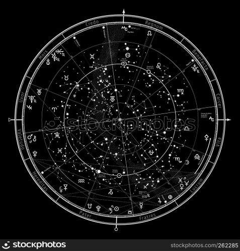 Astrological Celestial map of Northern Hemisphere. Horoscope on January 1, 2019 (00:00 GMT). Detailed outline chart with symbols and signs of Zodiac, planets, asteroids & etc.