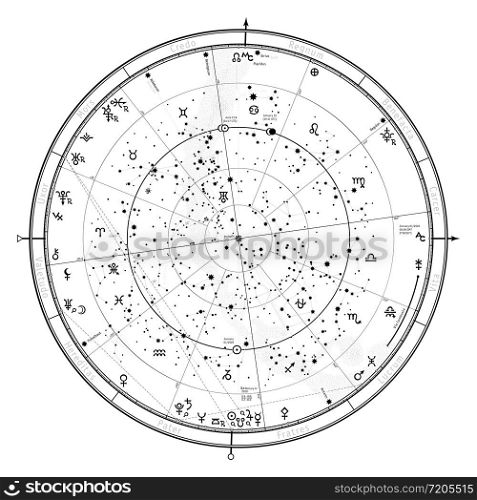 Astrological Celestial Map of The Northern Hemisphere. The General Global Universal Horoscope on January 1, 2020 (00:00 GMT). Detailed chart with symbols and signs of Zodiac, planets, asteroids & etc.