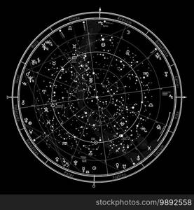 Astrological Celestial Map of The Northern Hemisphere. The General Global Universal Horoscope on January 1, 2021  00 00 GMT . Detailed chart with symbols and signs of Zodiac, planets, asteroids   etc.