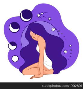 Astrological changes and moon cycle, woman sitting by calendar and stars. Astrology and astronomy, elegant female character with long hair symbol of femininity and space. Vector in flat style. Woman sitting by moon cycle, astrology and changes