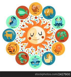 Astrological circle with zodiacal signs around moon and sun on colorful stained background vector illustration. Zodiacal Circle Illustration