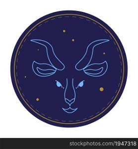 Astrological sign of capricorn, circle horoscope symbol with stars and constellation in line artwork. Capricornus zodiac icon of animal with horns and muzzle. Vector in flat style illustration. Capricorn astrological sign, horoscope symbol