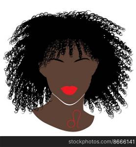Astrological sign of Leo as a beautiful african american woman with curly hair. 