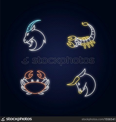 Astrological signs neon light icons set. Goat, crab, scorpion and bull signs with outer glowing effect. Horoscope future prediction, zodiac fortune telling. Vector isolated RGB color illustrations. Astrological signs neon light icons set