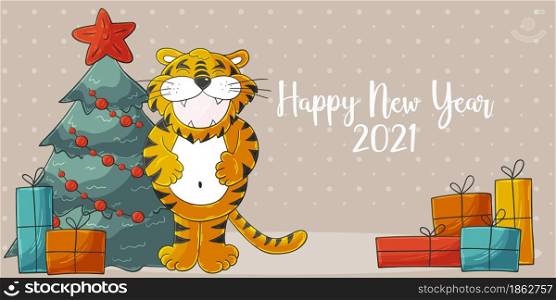 Astrological Symbol of 2022. Long New Year card in hand-draw style. Christmas tree, gifts, tiger. Pastel illustration for postcards, calendars, posters, flyers. Faces of tigers. Symbol of 2022. Tigers in hand draw style. New Year 2022
