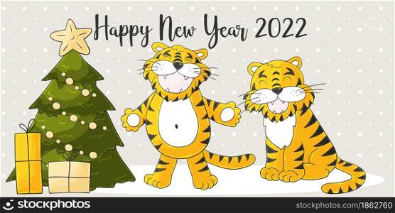 Astrological Symbol of 2022. Long New Year card in hand-draw style. Christmas tree, gifts. Two tigers. Bright illustration for postcards, calendars, posters, flyers. Faces of tigers. Symbol of 2022. Tigers in hand draw style. New Year 2022