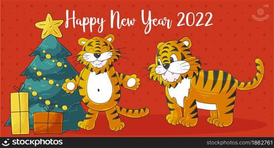 Astrological Symbol of 2022. Long New Year card in hand-draw style. Christmas tree, gifts. Two tigers. Bright illustration for postcards, calendars, posters. Faces of tigers. Symbol of 2022. Tigers in hand draw style. New Year 2022