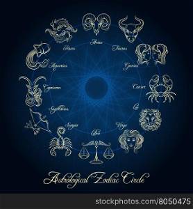 Astrological zodiac circle. Astrological zodiac circle. Horoscope zodiac wheel with hand drawn zodiac signs