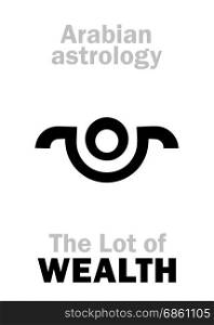 Astrology Alphabet: Lot of WEALTH, Arabian point of horoscope. Hieroglyphics character sign (single symbol).