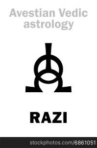 Astrology Alphabet: RAZI, Avestian vedic astral female planet. Hieroglyphics character sign (single symbol).