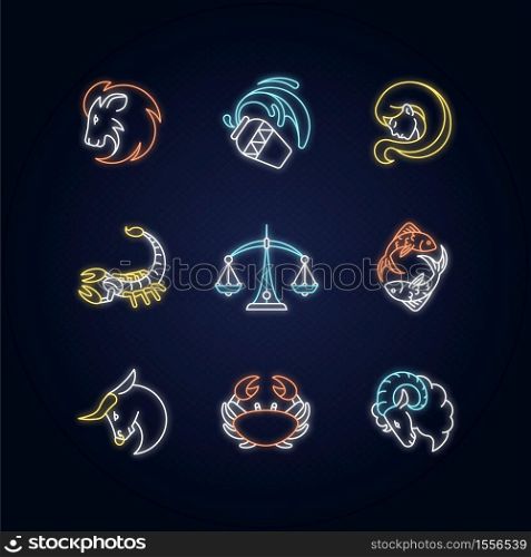 Astrology signs neon light icons set. Different zodiac horoscope fortune telling signs with outer glowing effect. Astrological future prediction. Birth signs vector isolated RGB color illustrations. Astrology signs neon light icons set