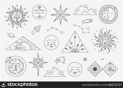 Astrology vintage symbols. Occult and esoteric mystic Sun Moon and stars elements. Vector celestial set graphic stickers astronomy designs. Astrology vintage symbols. Occult and esoteric mystic Sun Moon and stars elements. Vector celestial set