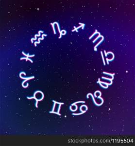 Astrology Zodiac signs wheel with twelve neon symbols in space. Full astrologic year for New Years prognosis