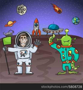 Astronaut and alien friendly meeting with extraterrestrial background vector illustration. Astronaut And Alien