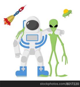 Astronaut and alien friends on a white background. Vector illustration. Rocket and UFO&#xA;