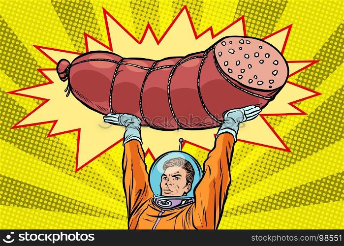 Astronaut and cooked sausage, meat products. Pop art retro vector illustration. Astronaut and cooked sausage, meat products
