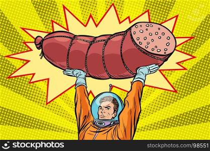 Astronaut and cooked sausage, meat products. Pop art retro vector illustration. Astronaut and cooked sausage, meat products