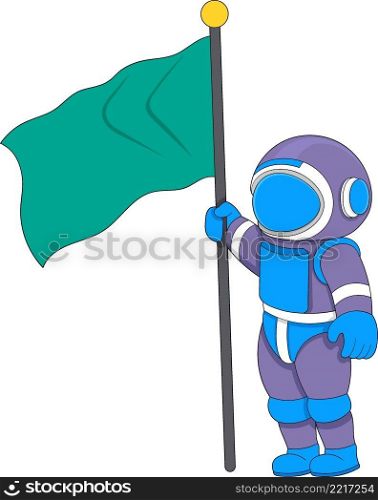 astronaut carrying a flag to mark the space destination being explored, cartoon flat illustration