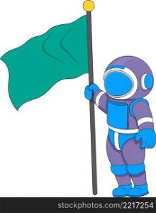 astronaut carrying a flag to mark the space destination being explored, cartoon flat illustration