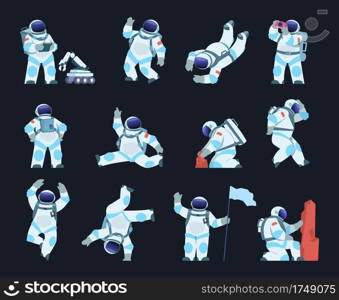 Astronaut. Cartoon spaceman in different poses. Isolated cosmic explorer wears spacesuit and helmet. Cute cosmonaut takes soil s&les or explores surface with space robot. Vector spacewalk scenes set. Astronaut. Cartoon spaceman in different poses. Cosmic explorer wears spacesuit and helmet. Cosmonaut takes soil s&les or explores surface with space robot. Vector spacewalk scenes set