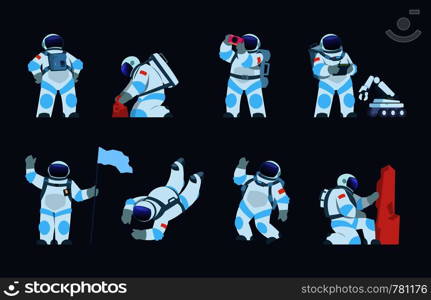 Astronaut character. Cartoon spaceman design, cosmonaut in motion, taking selfie flying and walking with helmet and flag. Vector flat explorer in spacesuit set. Astronaut character. Cartoon spaceman design, cosmonaut in motion, taking selfie flying and walking. Vector explorer in spacesuit set