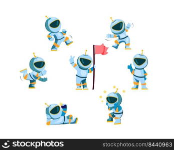 Astronaut character set. Cartoon spaceman wearing space suit setting flag, walking, dancing, showing like. Vector illustration for space explore, galaxy, cosmonaut concepts
