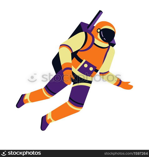 Astronaut character with backpack, spaceman and gravity, cosmonaut in motion isolated icon vector. Helmet and pressure suit, space explorer in spacesuit. Astronautic equipment, cosmos exploration. Spaceman isolated character, astronaut in pressure suit and gravity