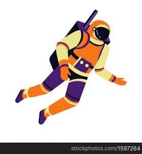Astronaut character with backpack, spaceman and gravity, cosmonaut in motion isolated icon vector. Helmet and pressure suit, space explorer in spacesuit. Astronautic equipment, cosmos exploration. Spaceman isolated character, astronaut in pressure suit and gravity