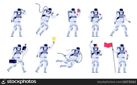 Astronaut characters. Cosmonaut motion work, astronauts with helmet and flag. Space suit, isolated spaceman flying to planets utter vector set. Illustration astronaut and cosmonaut, spaceman character. Astronaut characters. Cosmonaut motion work, astronauts with helmet and flag. Space suit, isolated spaceman flying to planets utter vector set