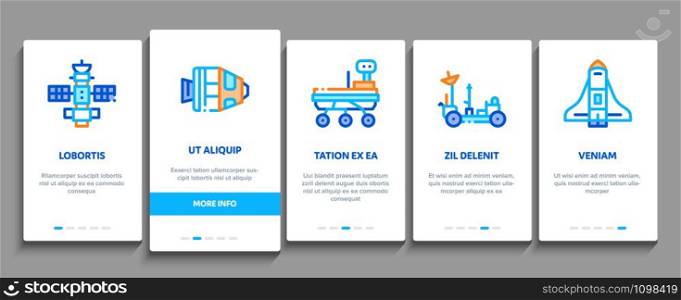 Astronaut Equipment Onboarding Mobile App Page Screen. Astronaut Spacesuit And Helmet, Shuttle And Satellite, Rocket And Asteroid Concept Illustrations. Astronaut Equipment Onboarding Elements Icons Set Vector