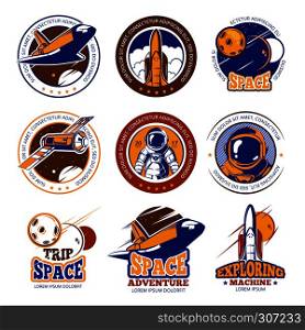 Astronaut flight, aviation, space shuttle and rockets vintage vector labels, logos, badges, emblems. Travel in galaxy, illustration travel in cosmos. Astronaut flight, aviation, space shuttle and rockets vintage vector labels, logos, badges, emblems
