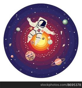 Astronaut flying among stars and planets in the outer space.