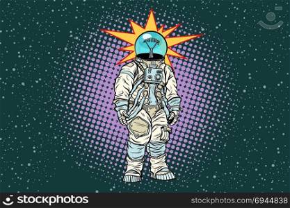 Astronaut head light bulb idea. Pop art retro vector illustration.. Astronaut head light bulb idea