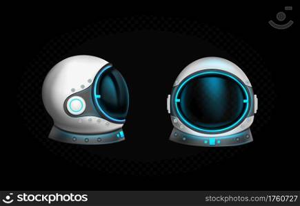 Astronaut helmet with clear glass and blue light in front and side view. Cosmonaut mask for space exploration and flight in cosmos. Vector realistic set of white suit part for protection spaceman head. Astronaut helmet with clear glass and blue light