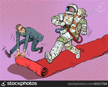 Astronaut hero on the red carpet carpet of the movie premiere. The winner goes ahead. Pop art retro vector illustration 50s 60s style kitsch vintage. Astronaut hero on the red carpet carpet of the movie premiere. The winner goes ahead