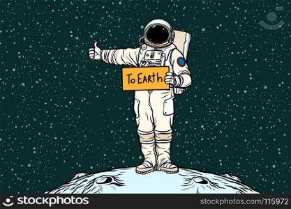 Astronaut hitch rides on Earth. Pop art retro vector illustration. Astronaut hitch rides on Earth