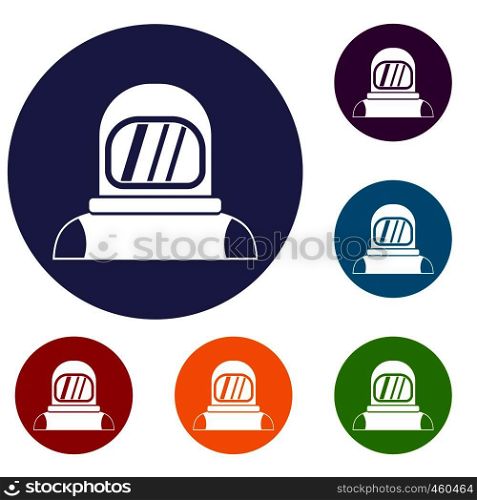 Astronaut icons set in flat circle reb, blue and green color for web. Astronaut icons set