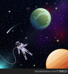 Astronaut in environmental suit in outer space flat composition on dark background with shiny stars vector illustration . Astronaut In Outer Space Flat Composition